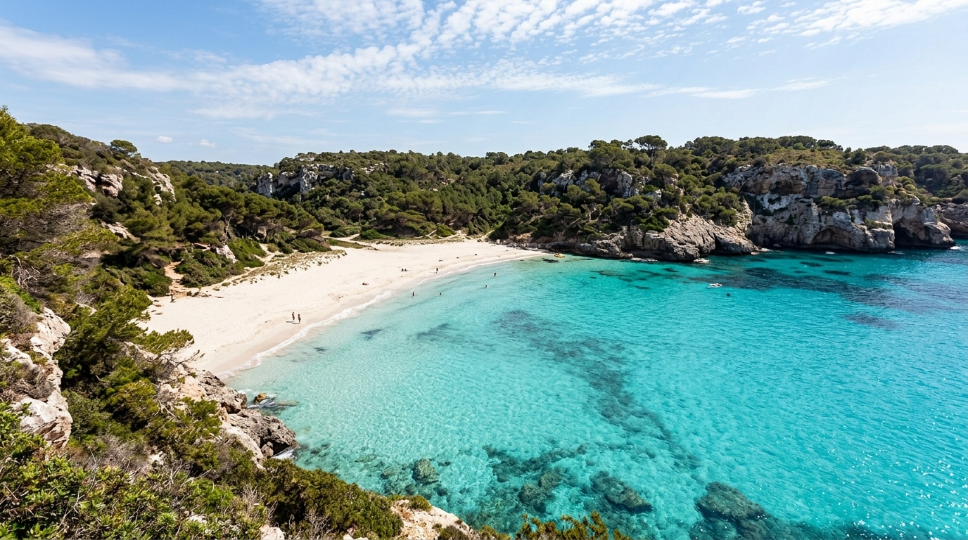 Cala Trebaluger pristine sea cove with white sands and turquoise water