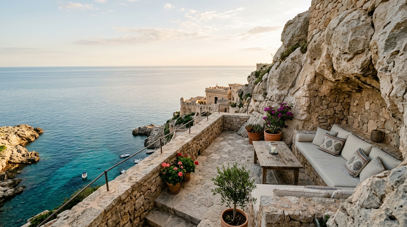 Cap Rocat private terrace carved into limestone cliff above calm sea