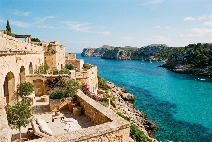 Cap Rocat sandstone suites overlooking turquoise bay in Mallorca, Spain