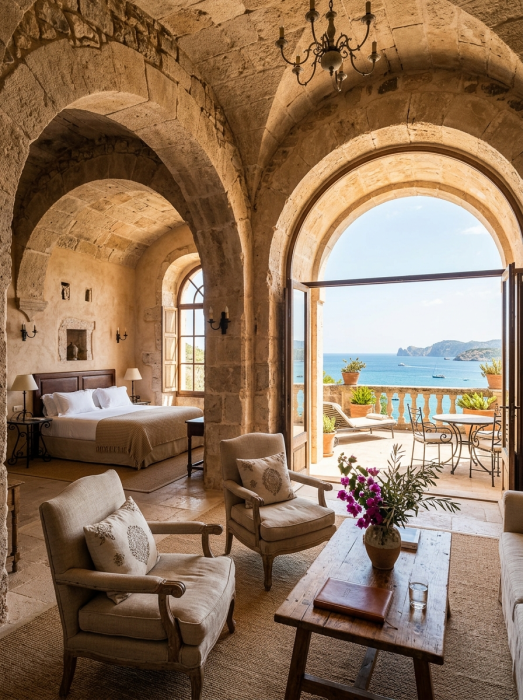 Interior stone arch suite at Cap Rocat Mallorca