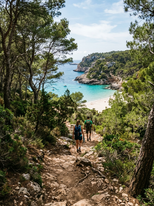 Menorca pine forest hiking trail leading to secret beach