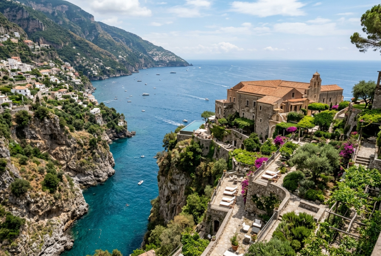Monastero Santa Rosa cliffside terraces perched over the Amalfi sea in Conca dei Marini, Italy
